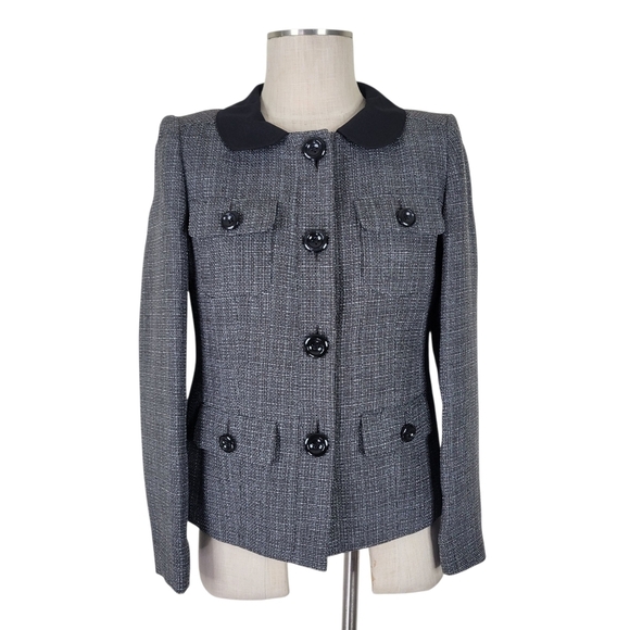 Le Suit Skirt Suit Size 6P Black Textured Pleated Hem Pockets 4 Button Lined - Picture 2 of 9